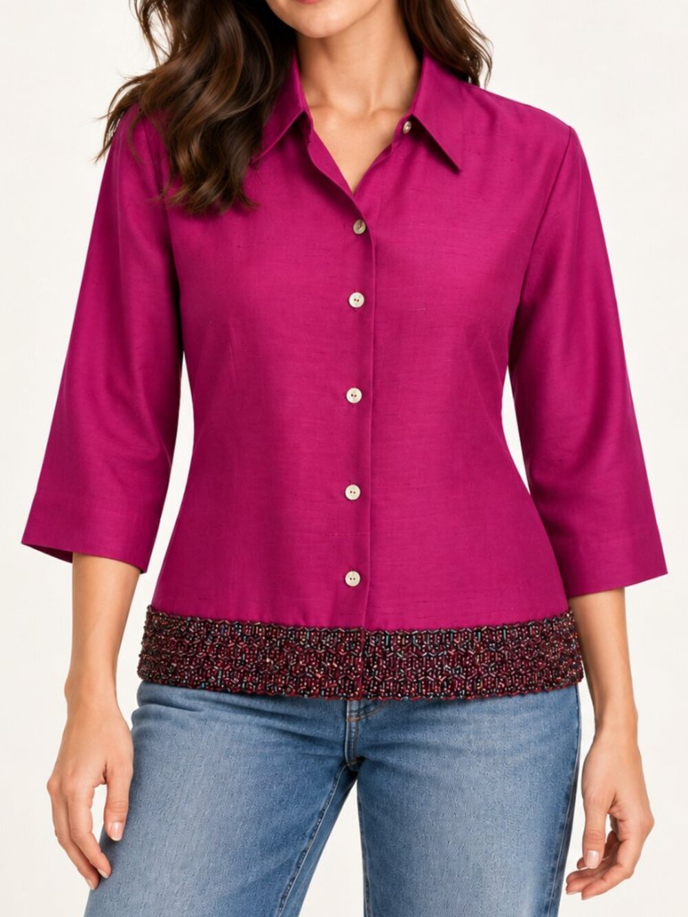 Vintage ICE Magenta Silk Beaded Cocktail Shirt Blouse Size 4
